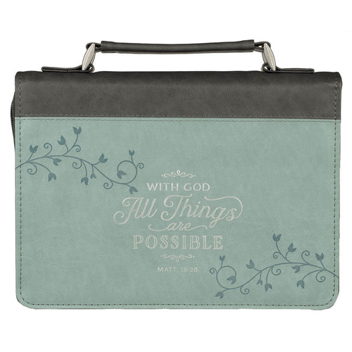 Bible Cover-With God All Things Are Possible (Matthew 19:26)-Light Blue Faux Leather Fashion-Medium