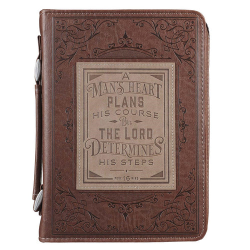 Bible Cover-A Man's Heart Plans His Course (Proverbs 16:9)-Brown Faux Leather Classic-Medium