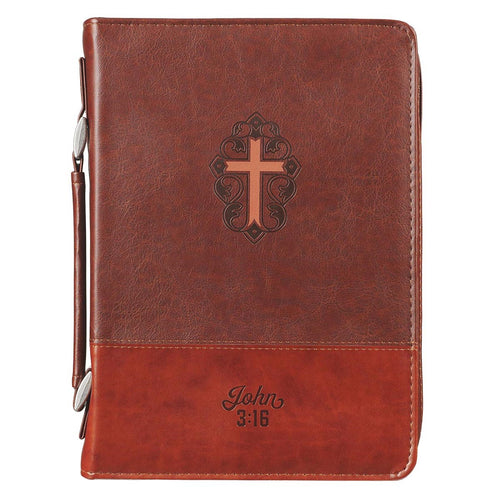 Bible Cover-Cross/John 3:16-Two-Tone Brown Faux Leather-Medium