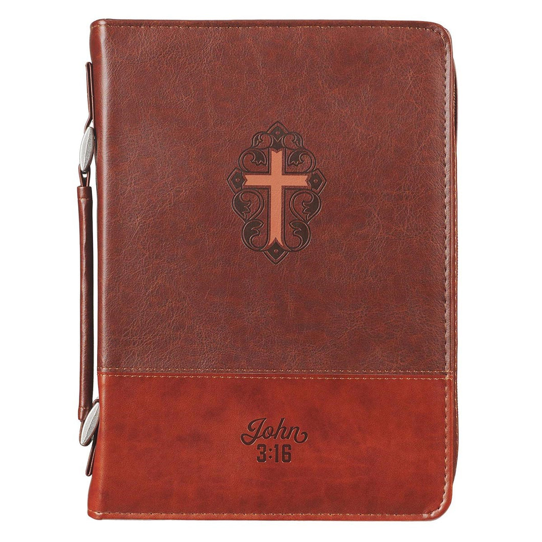 Bible Cover-Cross/John 3:16-Two-Tone Brown Faux Leather-Large