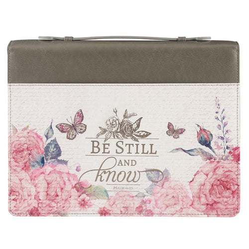 Bible Cover-Be Still And Know (Psalm 46:10)-Pink Floral/Gray Faux Leather Fashion-Medium