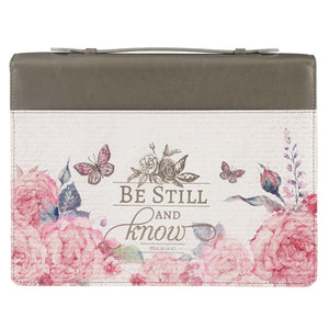 Bible Cover-Be Still And Know (Psalm 46:10)-Pink Floral/Gray Faux Leather Fashion-Medium