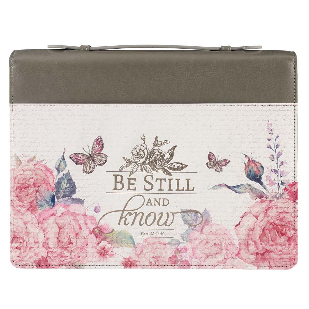 Bible Cover-Be Still And Know (Psalm 46:10)-Pink Floral/Gray Faux Leather Fashion-Medium