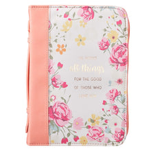 Bible Cover-He Works All Things For The Good (Romans 8:28)-Peach Floral Fashion-X-Large