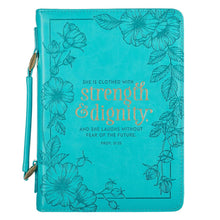 Bible Cover-She Is Clothed With Strength & Dignity (Proverbs 31:25)-Teal Faux Leather Fashion-XLarge