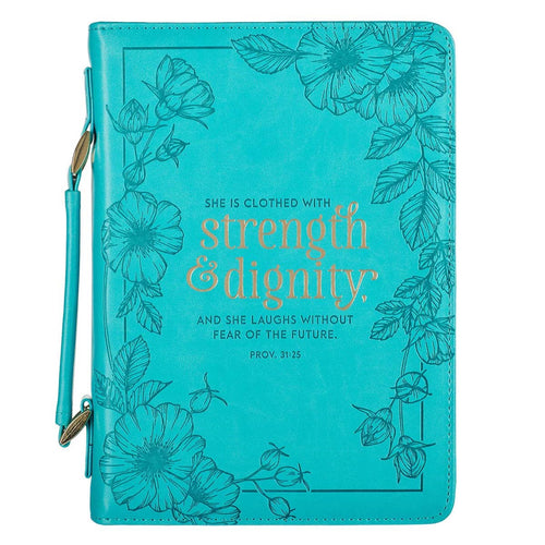 Bible Cover-She Is Clothed With Strength & Dignity (Proverbs 31:25)-Teal Faux Leather Fashion-XLarge