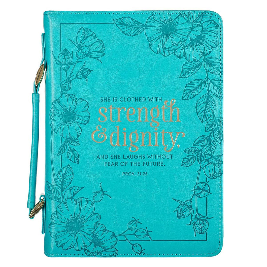 Bible Cover-She Is Clothed With Strength & Dignity (Proverbs 31:25)-Teal Faux Leather Fashion-XLarge