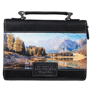 Bible Cover-I Can Do All Things Through Christ (Philippians 4:13)-Scenic Mountain Black Faux Leather Classic-Medium