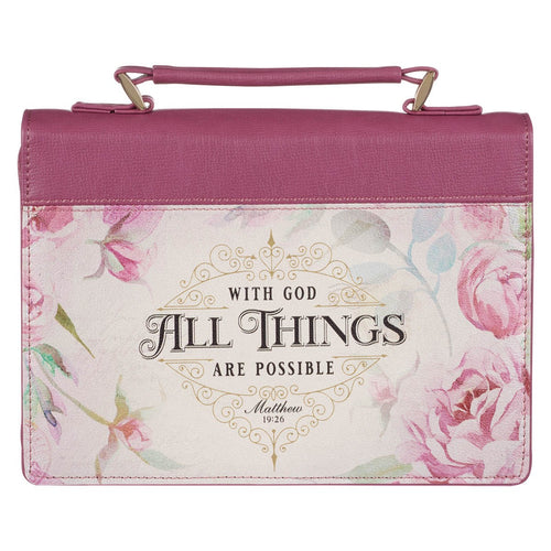 Bible Cover-With God All Things Are Possible (Matthew 19:26)-Vintage Dusty Rose Faux Leather Fashion-Medium