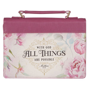 Bible Cover-With God All Things Are Possible (Matthew 19:26)-Vintage Dusty Rose Faux Leather Fashion-Medium