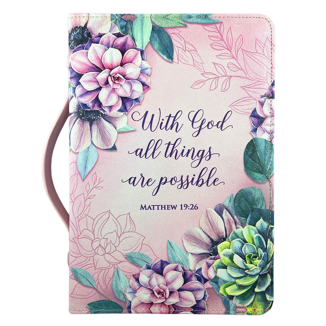 Bible Cover-With God All Things-Pink/Floral-XLG