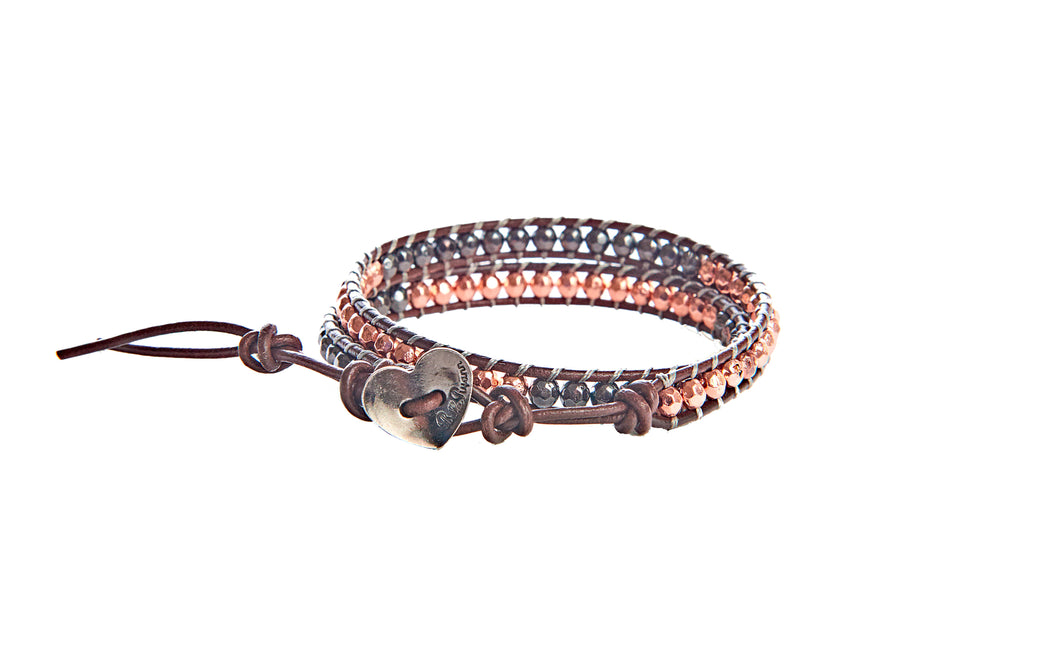 Bracelet-2 Wrap-Copper & Gunmetal Beads w/Dark Brown Leather