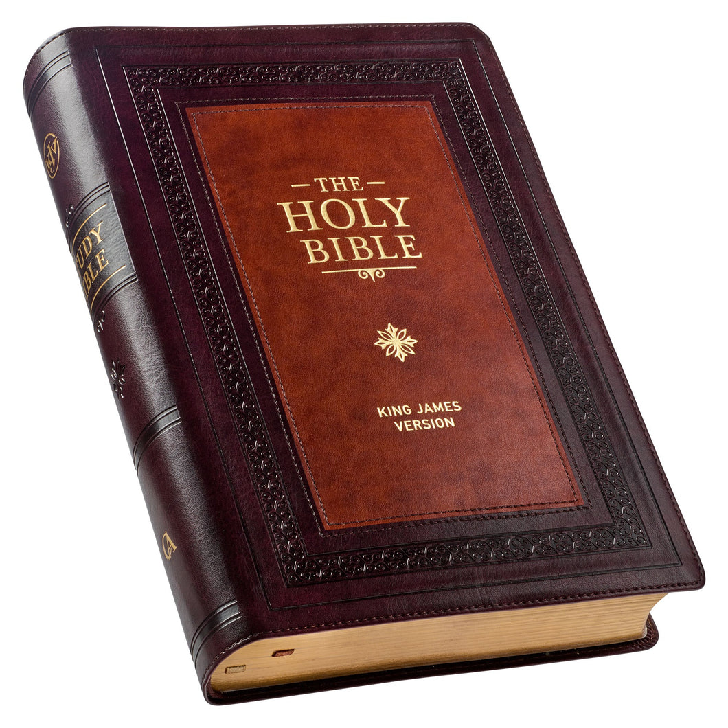 KJV Large Print Study Bible-Burgundy/Saddle Tan Faux Leather Indexed