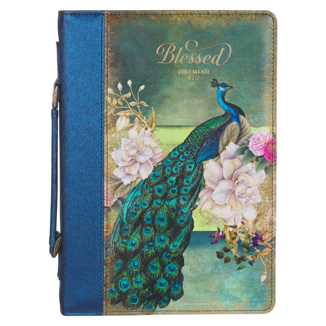 Bible Cover-Fashion Blue/Peacock Printed Blessed Jer. 17:7-MED