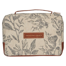 Bible Cover-Amazing Grace (2 Corinthians 12:9)-Cream/Floral Natural Canvas-Medium