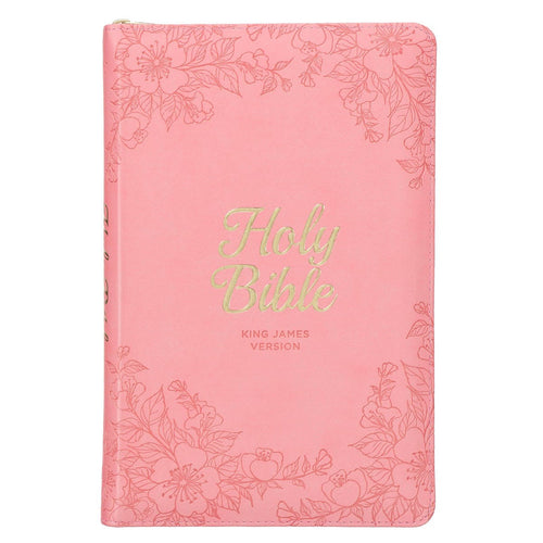 KJV Deluxe Gift Bible-Pink Floral Faux Leather w/Zipper