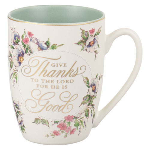 Mug-Give Thanks To The Lord (Psalm 107:1)-Cream/Green Floral  (MUG988)