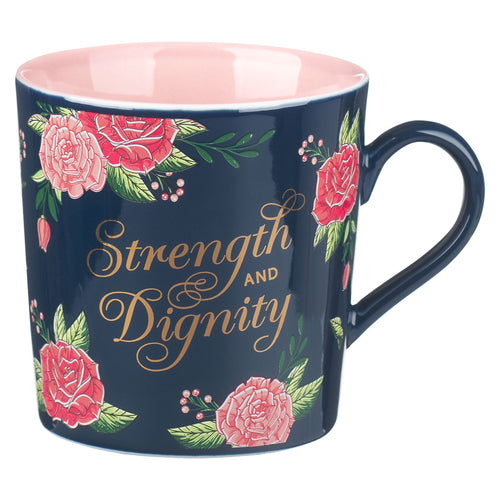 Mug-Strength & Dignity (Proverbs 31:25)-Pink/Navy Floral (MUG991)