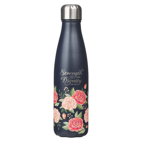 Water Bottle-Navy Floral Strength & Dignity Prov. 31:25