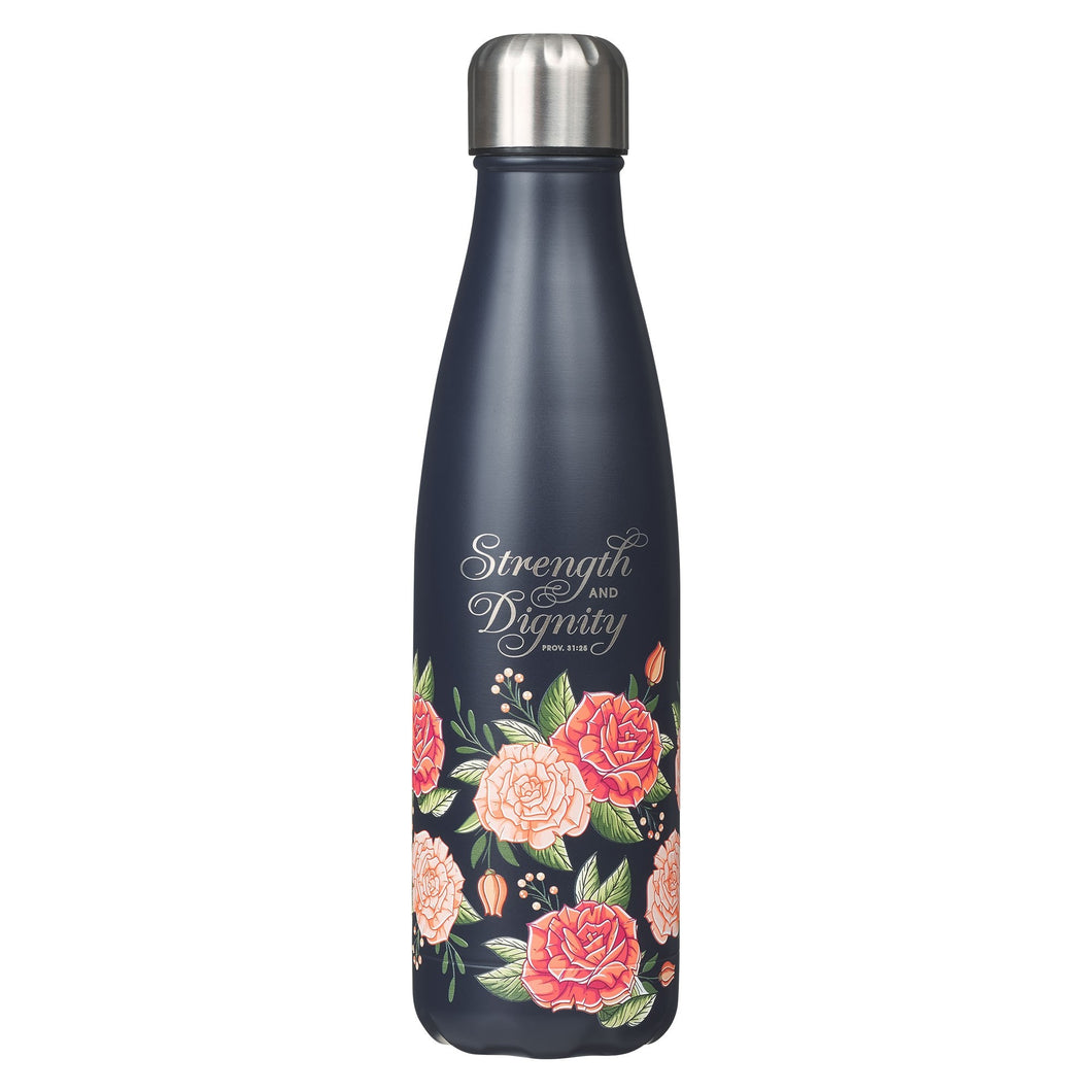 Water Bottle-Navy Floral Strength & Dignity Prov. 31:25