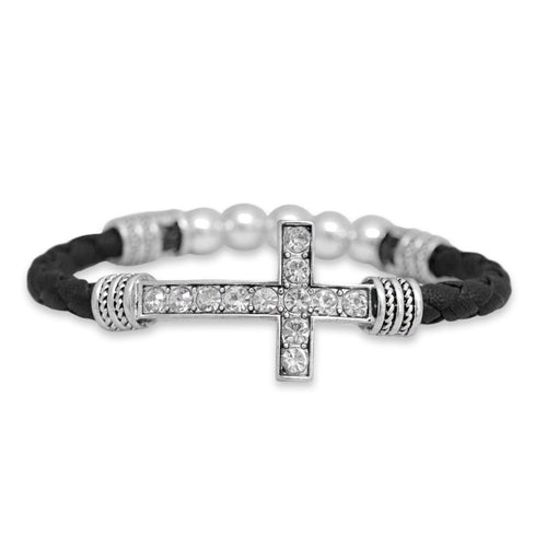 Bracelet-Fashion-Sideways Cross w/Black Leather