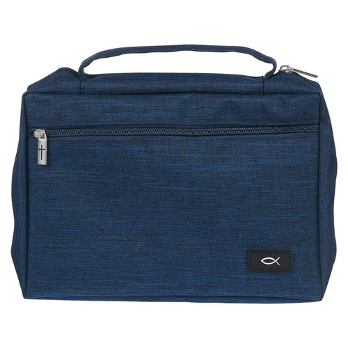 Bible Cover-Poly Canvas Value With Ichthus-Navy Blue-XLarge