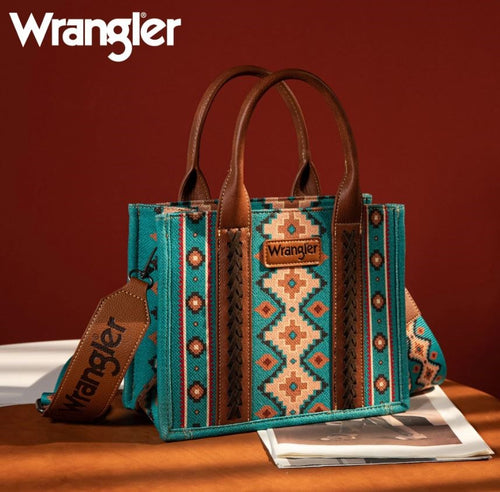 Wrangler Canvas Handbag/Bible Tote-Aztec-Turquoise w/Removeable Strap