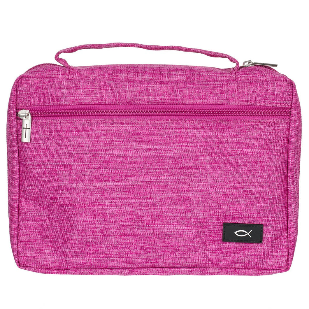 Bible Cover-Poly Canvas Value With Ichthus-Raspberry Pink-Medium
