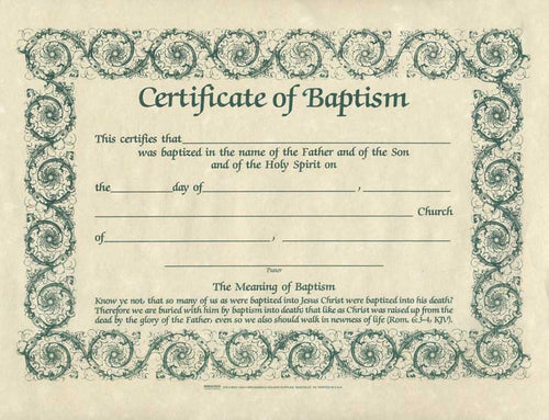 Certificate-Baptism w/Romans 6:3-4 (Parchment) (8-1/2