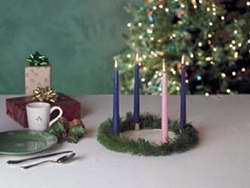 Candle-Advent Wreath Set-w/Gold Finish Ring & Greens-3 Purple & 1 Pink (10" x 7/8" Tapers ) (#434)