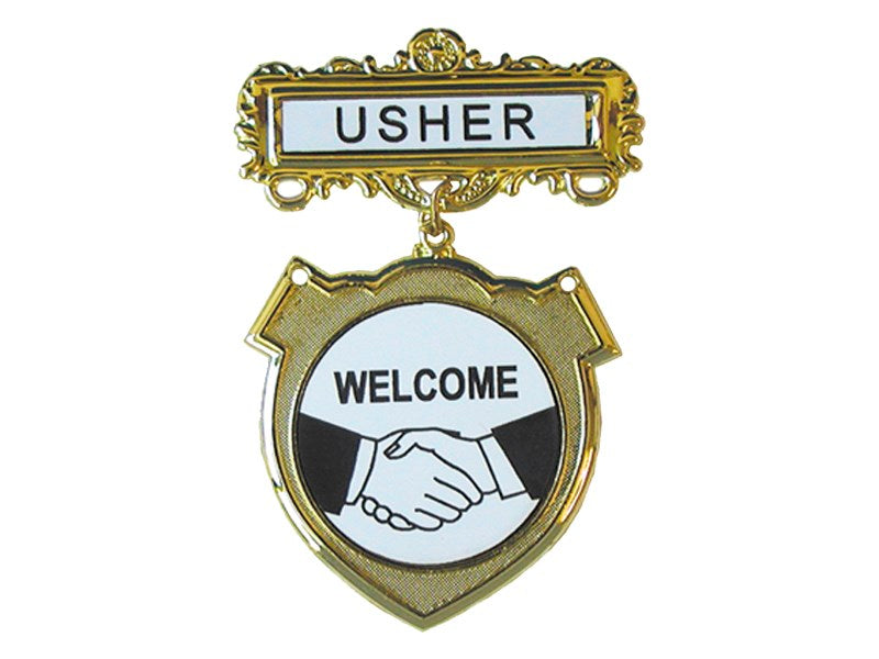 Badge-Usher Welcome-Pin Back-Shield-Brass