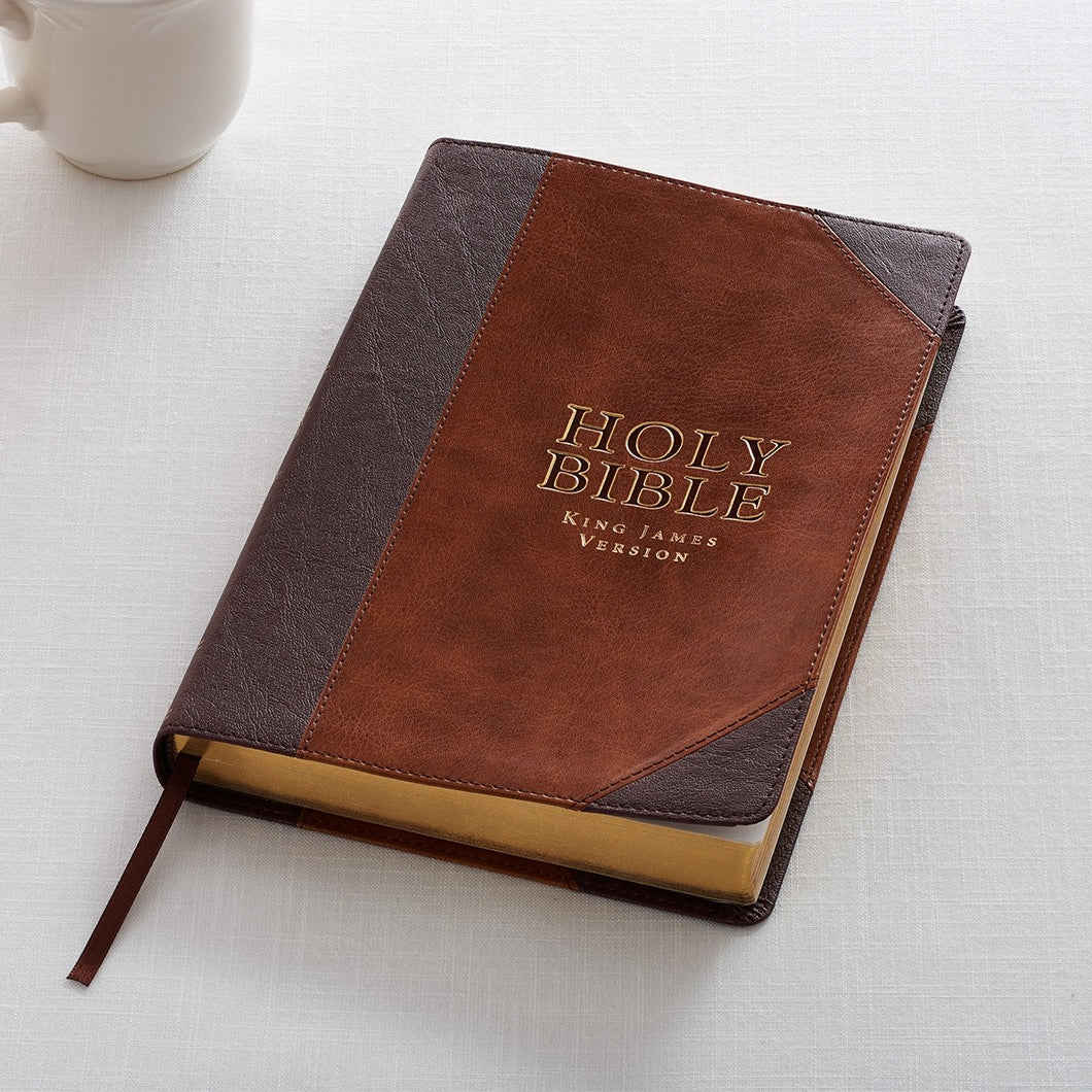 KJV Large Print Thinline Bible-Brown/Tan Portfolio Faux Leather