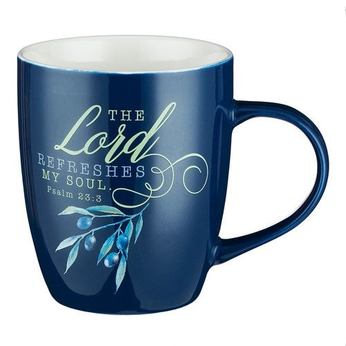 Mug-The Lord Refreshes My Soul (Psalm 23:3)-Blue/White (MUG511)