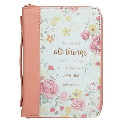 Bible Cover-Trendy Luxleather-He Works All Things-Peach-LRG