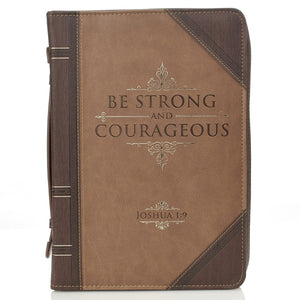 Bible Cover-Classic Luxleather-Be Strong & Courageous-Brown/Tan-XLG