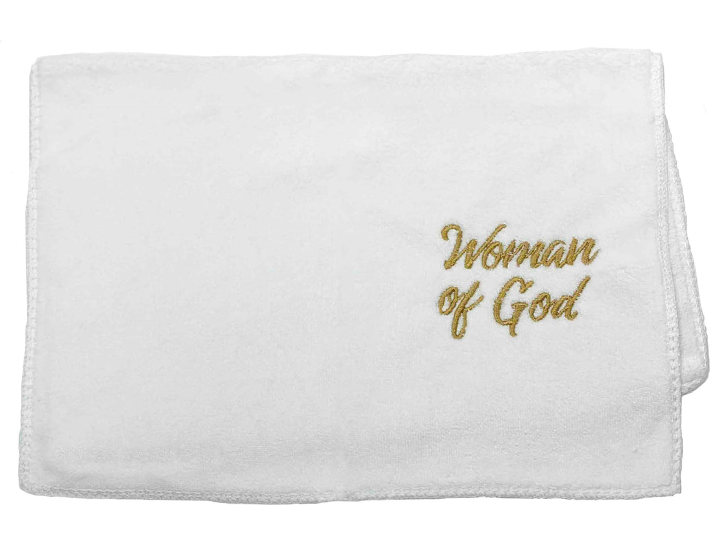 Towel-Pastor-Woman Of God-White w/Gold Lettering