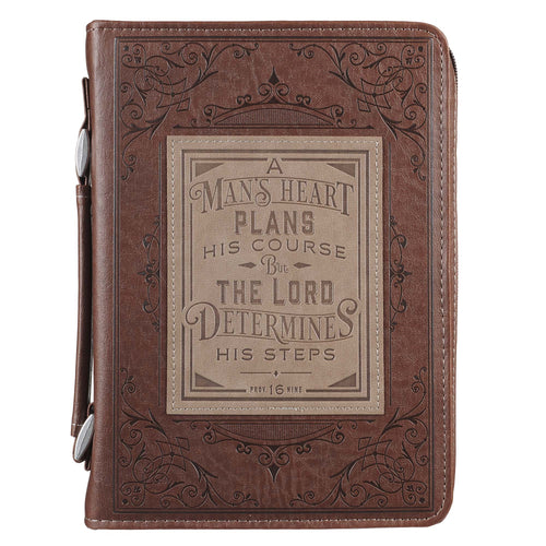 Bible Cover-Classic-A Man's Heart-Proverbs 16:9-Brown-XLG