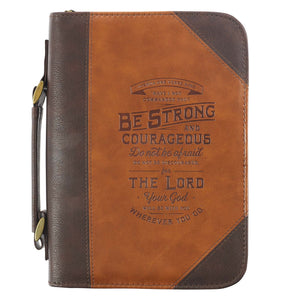 Bible Cover-Classic Luxleather-Be Strong And Courageous-Brown-LRG