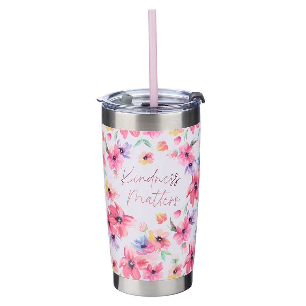 Travel Mug-Kindness Matters w/Straw-Pink Floral (Stainless)