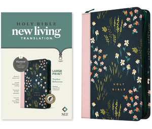 NLT Large Print Thinline Reference Zipper Bible  Filament Enabled Edition-Meadow Navy Pink LeatherLike Indexed
