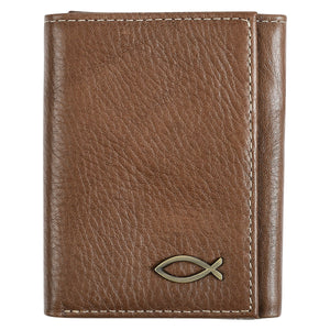 Wallet-Genuine Leather-Trifold Wallet w/Fish Emblem-Brown