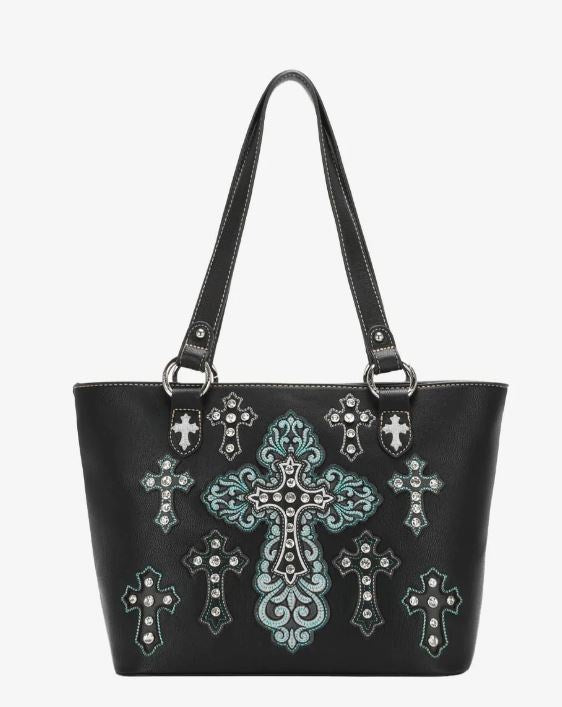 Tote-Embroidered Multiple Cross (Concealed Carry)-Black