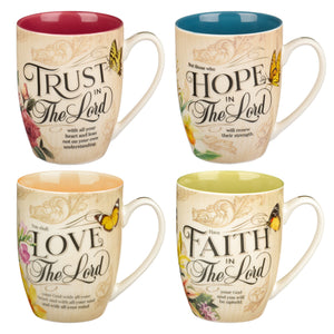 Mug Set-Hope  Trust  Faith  Love-Floral (Set Of 4)