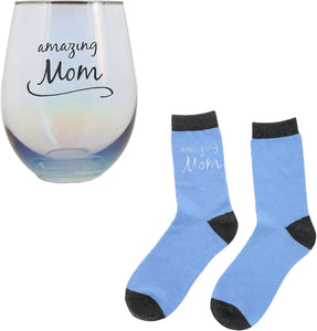 Gift Set-Amazing Mom-18oz Stemless Glass & Socks Set
