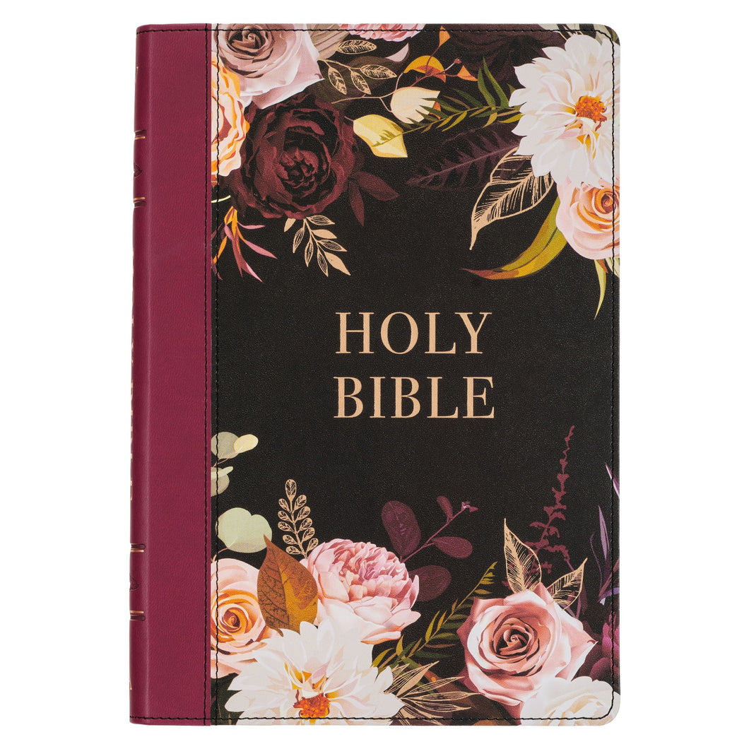 KJV Large Print Thinline Bible-Black/Burgundy Floral Printed Faux Leather